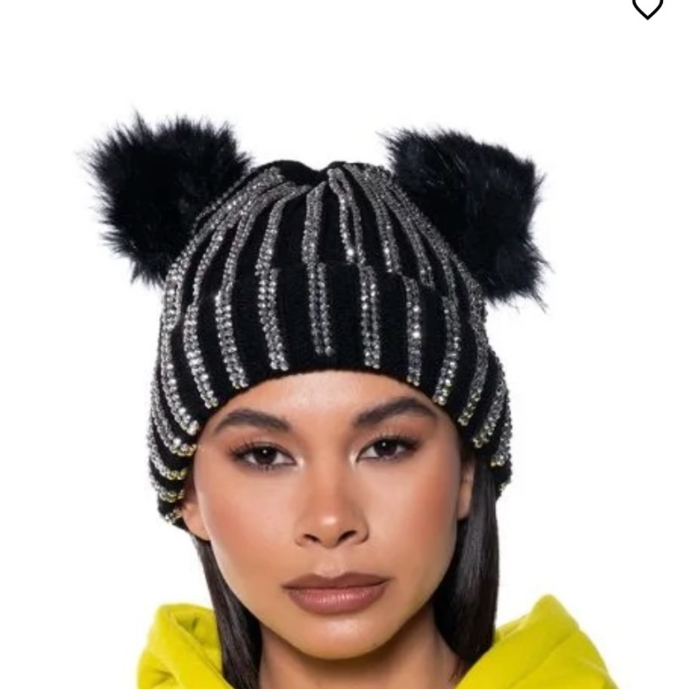 Black Faux Fur Pom Beanie with Rhinestone Stripes